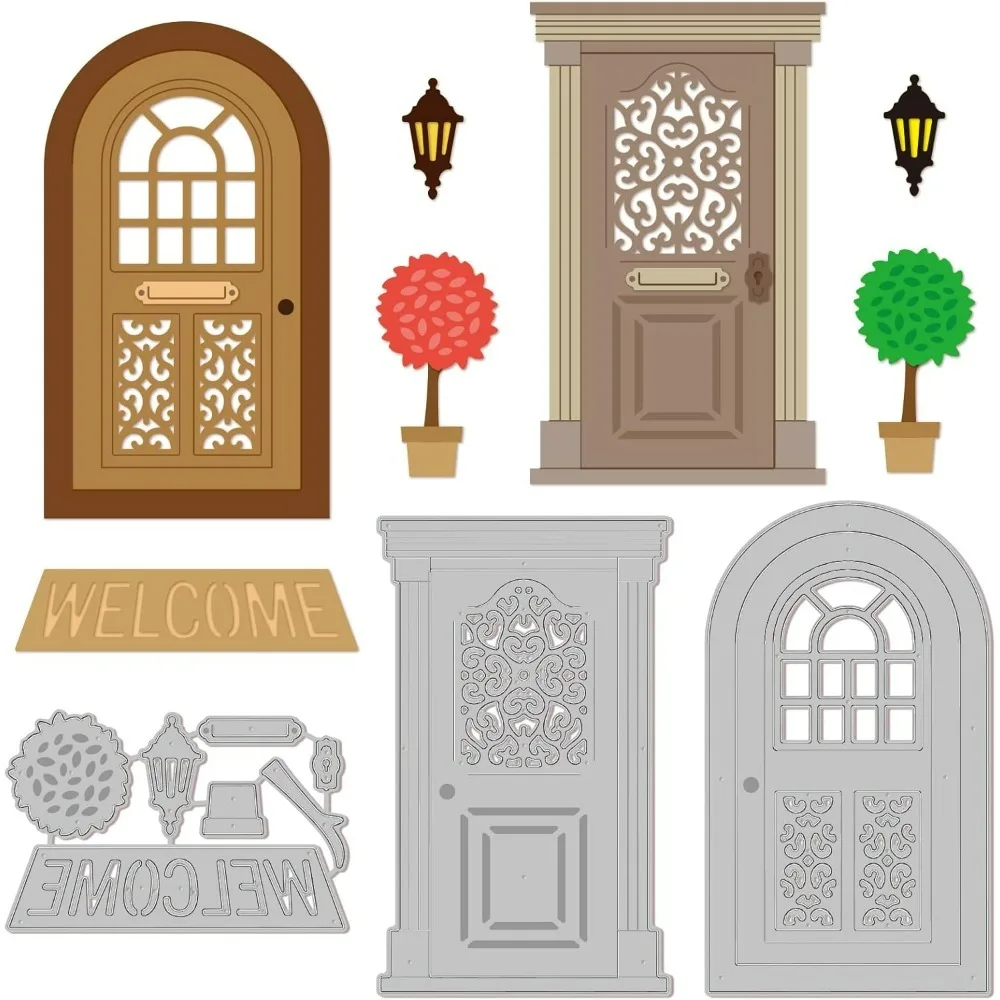 Door Arch Door Cutting Dies Door Lamp Green Plants Welcome Blanket Embossing Stencils Template for Decorative Embossing