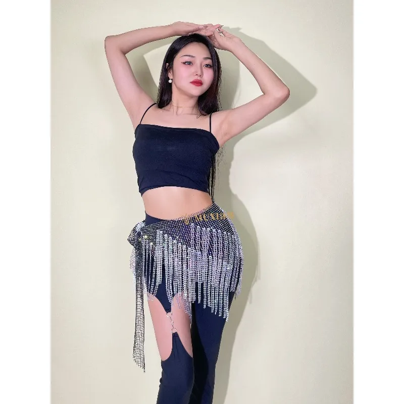 op maat gemaakte kleur geblokkeerde buikdans taille ketting mesh diamant heupsjaal Indiase kleding vrouwen buikdans riem