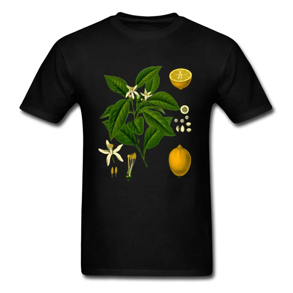 Botanical Illustration T Shirt Man Tshirts Custom Tee-Shirt Lemon Plant Tops Brand New Print Clothes Cotton Fabric Black