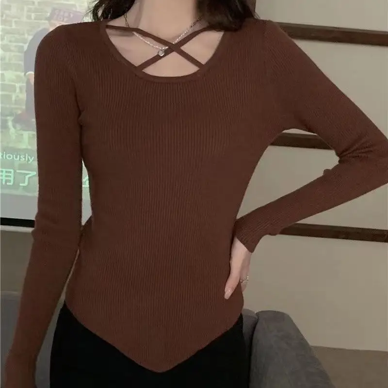 Slim Irregular Knitted T-shirt Female Clothing Solid Color Autumn Winter Round Neck Fashion Bandage Long Sleeve Basic Pullovers