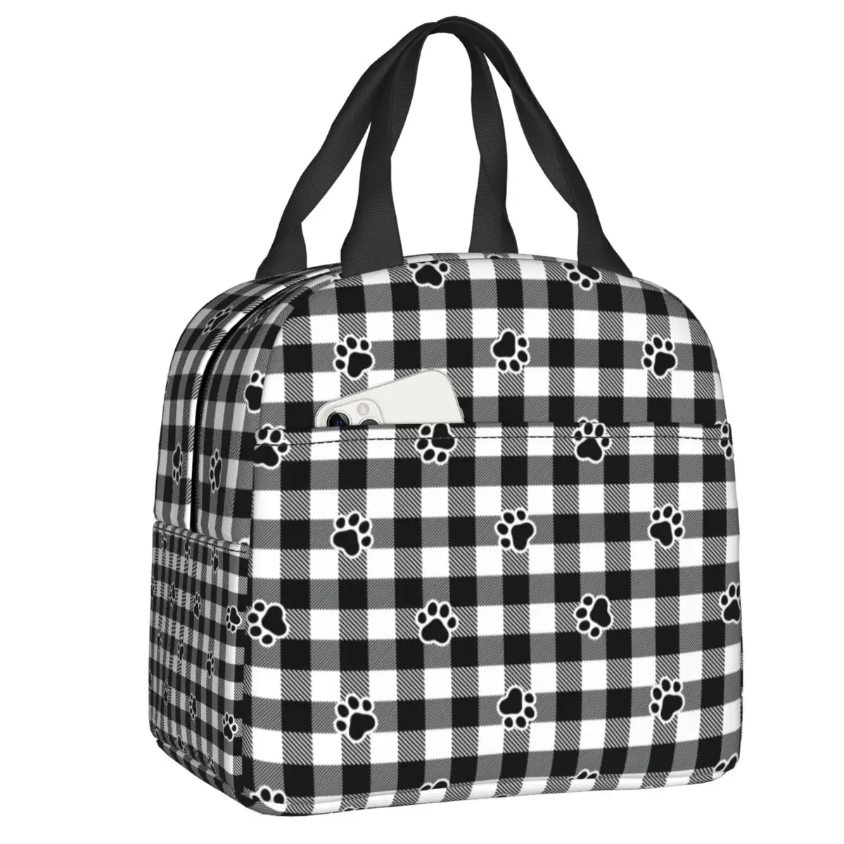 Dog Paw Footprint Checked Pattern Lunch Bag Women Thermal Cooler Insulated Lunch Container Box for Kids  Food Picnic Tote Bags