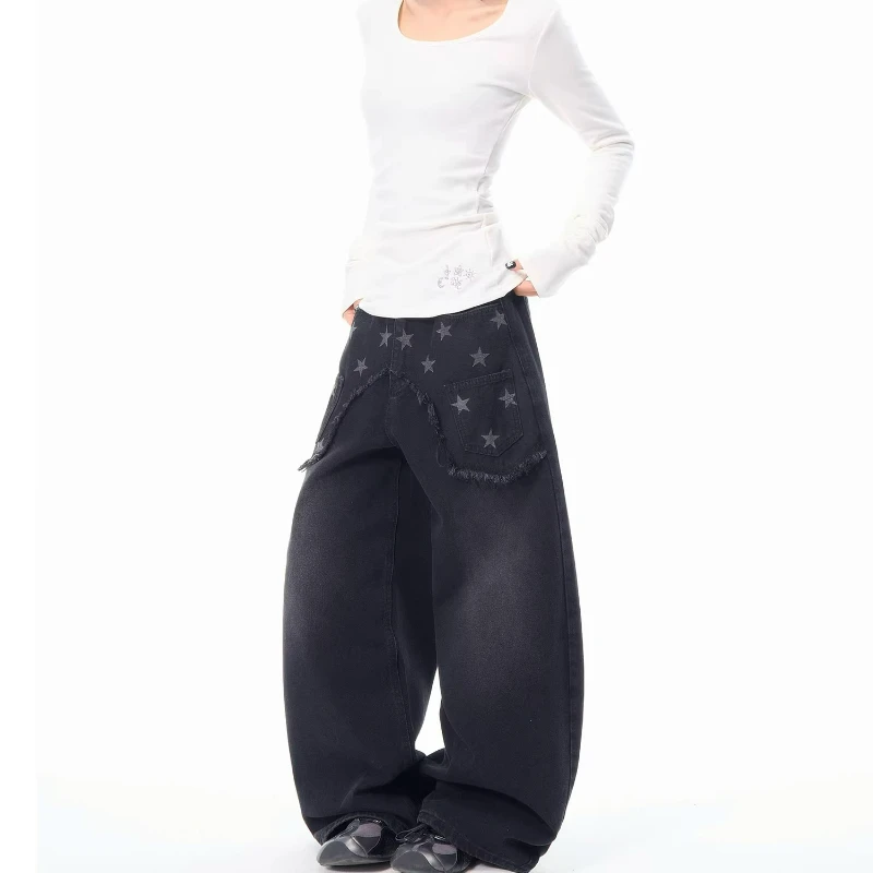 American Retro Design Star Print Women's Jeans 2025 Autumn Winter New Loose Thin High Waist Versatile Wide-leg Trousers Ladies