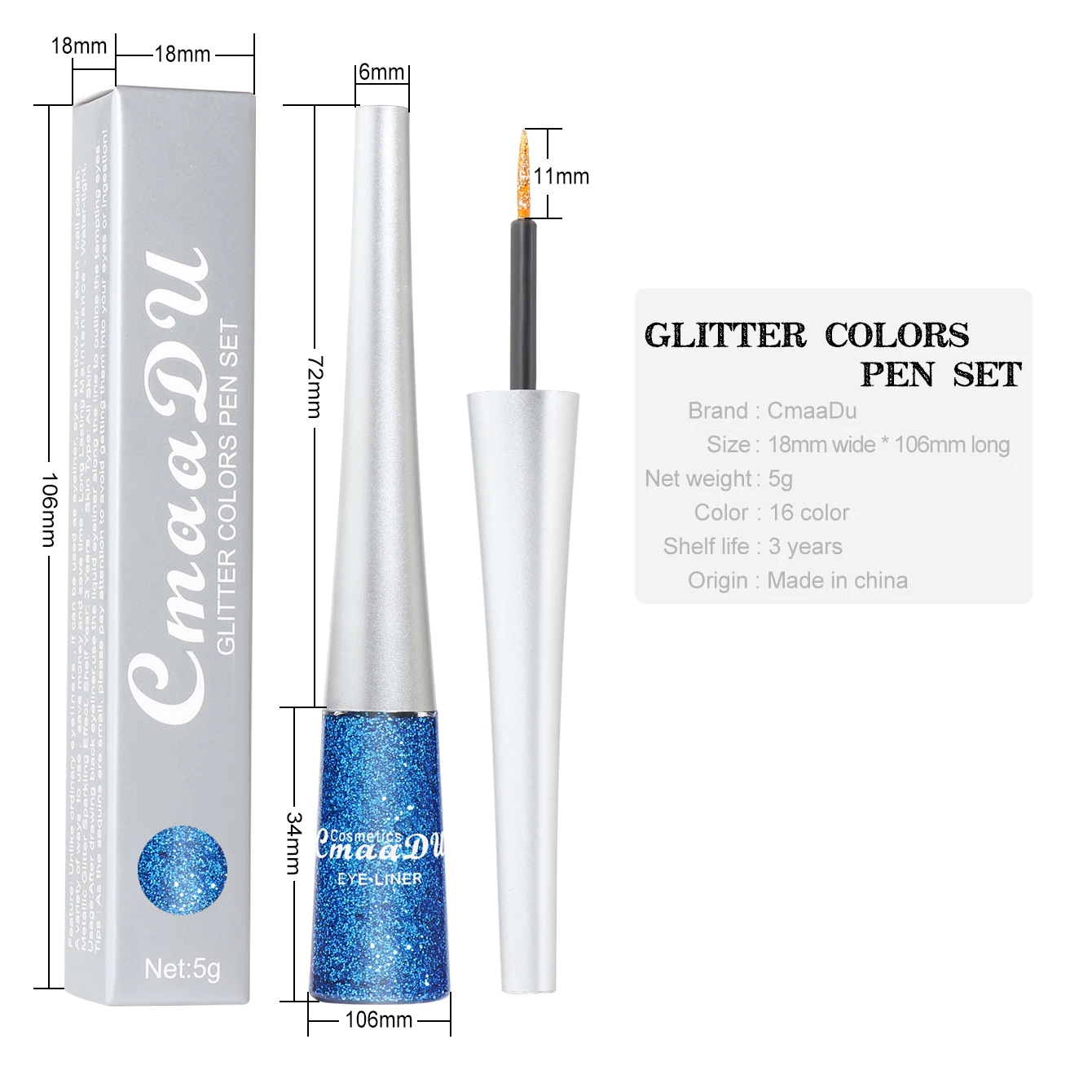 CmaaDu 16 Color Long-lasting Waterproof, Anti-sweat and Non-Smudge Sparkling Gold Onion Powder Liquid Eyeliner