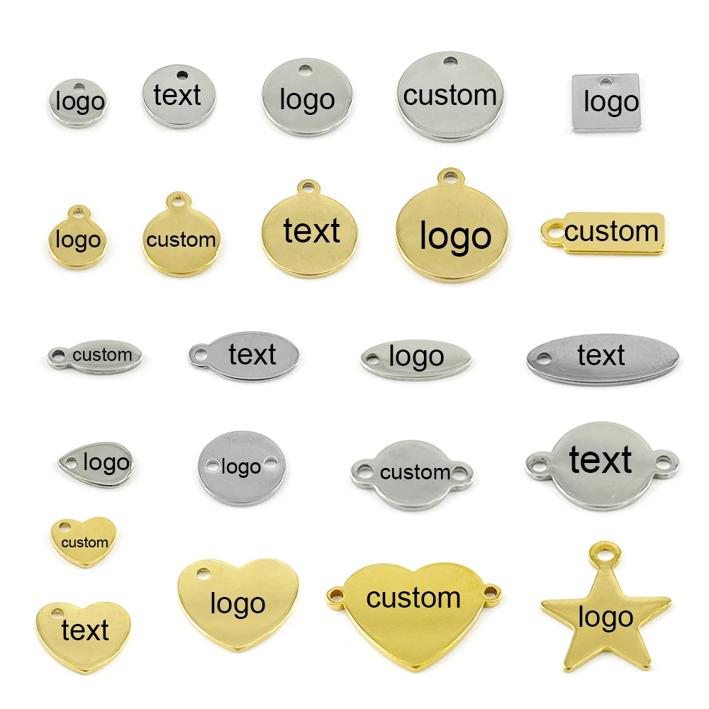 100pcs/lot Custom Pandant Stainless Steel Blank Stamping Dog Tags Charms Steel Gold Color Tag Personality Laser engraving LOGO