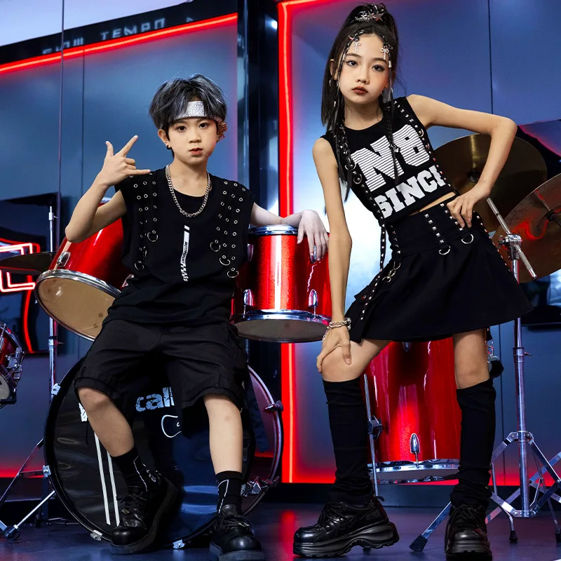 Kid Punk Hip Hop Clothing Black Strap Crop Tank Top Chain Skirt Leg Warmer Cargo Shorts for Girl Boy Jazz Dance Costumes Clothes