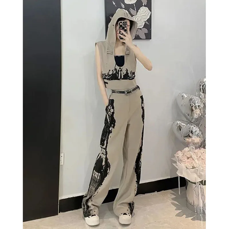 Hooded Vest Temperament Casual Sports Suit Women's Summer Spice Girls Fashion design Sense Small Group Casual Pants Two Piece Se