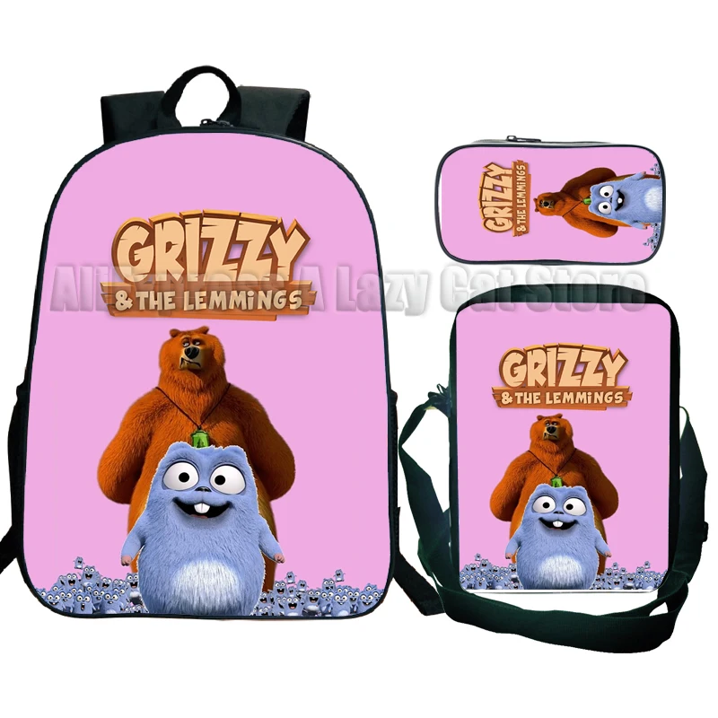 3pcs/Set Grizzy and the Lemmings Backpack Boy Girl Cartoon Rucksack with Pencil Case Shoulder Bag Children Schoolbag Gift