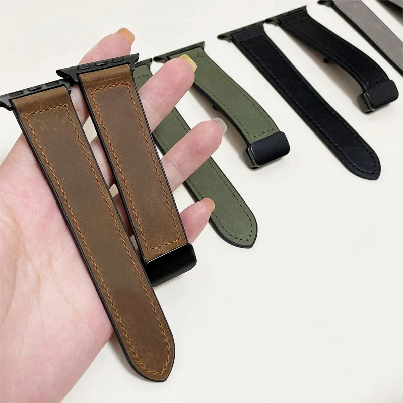 Leather+Silicone Strap For Apple Watch Band 49mm 44mm 45mm 41mm 46mm 40 42mm Magnetic Bracelet iwatch Series 10 9 8 SE 7 Ultra 2