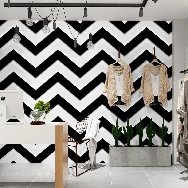 Modern simple black and white horizontal stripe wave wallpaper barber clothing store restaurant 3D three-dimensional living room