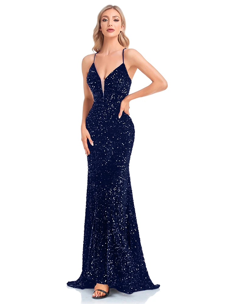 XUIBOL-vestido de noche de lentejuelas azules para mujer, vestido de sirena con cuello de pico profundo, largo hasta el suelo, sin espalda, Sexy, cóctel