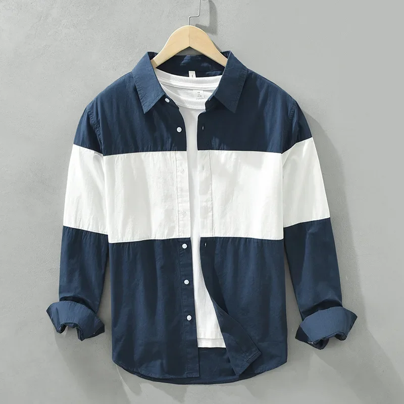 

Korean Style Spring Autumn New Men's Cotton 100% Lapel Patchwork Contrasting Colors Shirts Long Sleeve Loose Casual Men Clothes