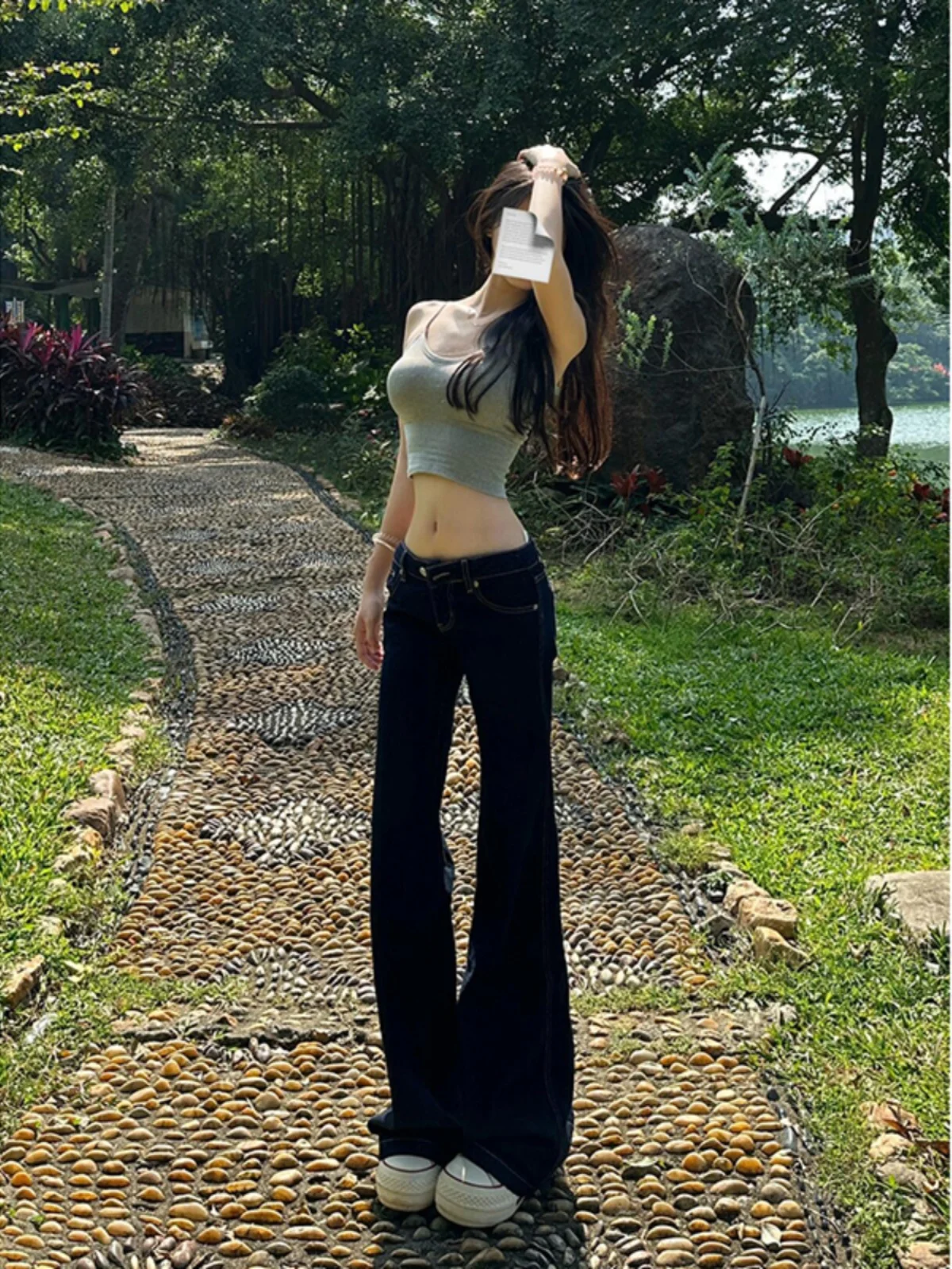 

Джинсы женские с высокой талией, прямые, широкие, весна-осень, новые, оригинального цвета, стройнящие, темно-синие, удлиненные