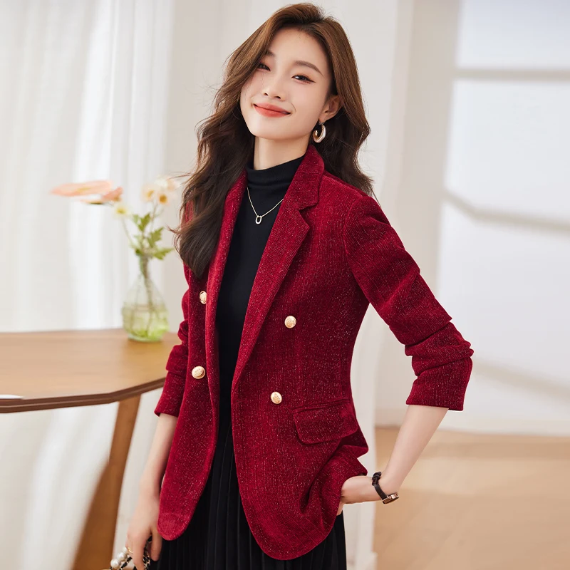 Chaqueta de terciopelo dorado de doble botonadura para mujer, traje de pana de terciopelo con hombros acolchados, ajustado, rojo vino, manga larga, Otoño e Invierno