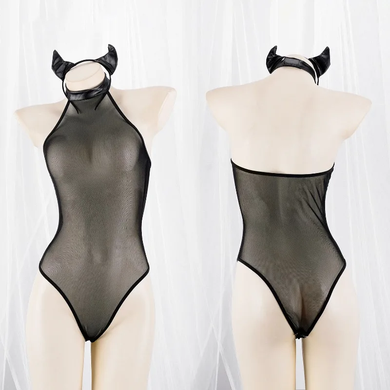 

Костюм для косплея «Непослушный маленький дьявол», прозрачное боди с открытой промежностью, нижнее белье с застежкой-кнопкой, цельное боди