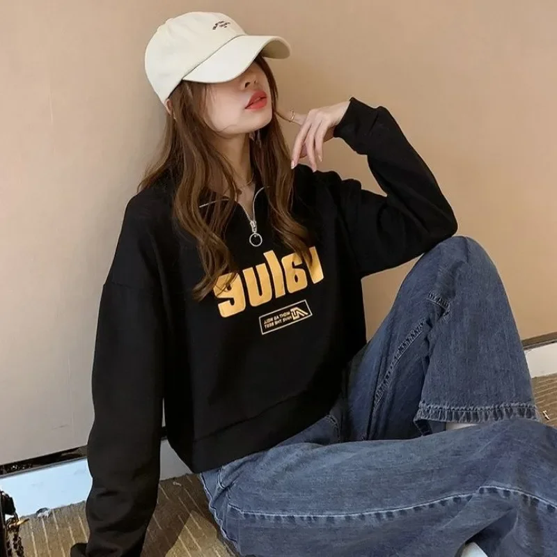 Loose Pullovers Full Zip Up Baggy Cropped Female Top Graphic Women's with Zipper Sweatshirts Black Korean Streetwear Y2k Vintage