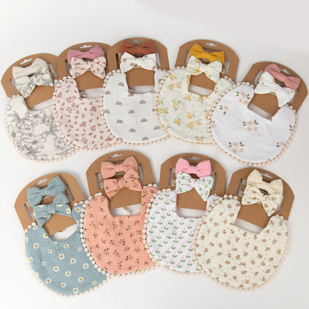 9Sets/Lot Baby Flower Bibs & Headbands Bow Nylon Hairbands Double Side Saliva Towel Feeding Burp Cloth Scarf Boys Girls Headwear