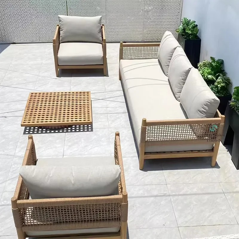 Customized Modern Garden Sofa Set Outdoor Furniture with Teak Rattan and Soft Bag