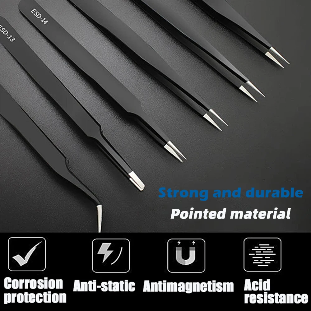 Stainless Steel ESD Anti-Static Tweezers Set Curved and Straight Tweezers for Industrial Maintenance Electronic Repair LK-AA04