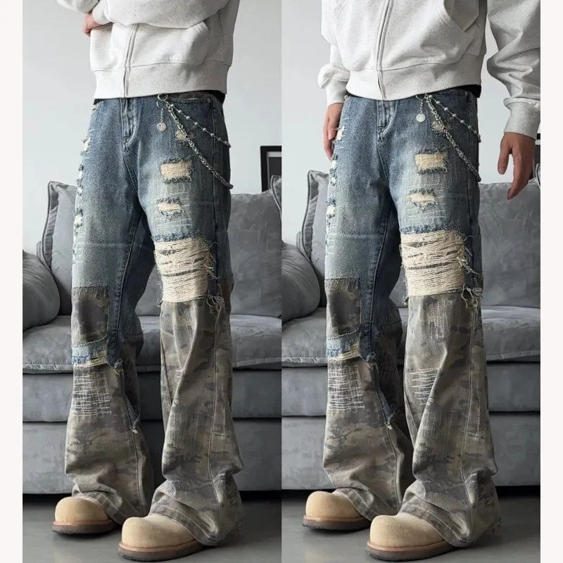 

Y2K Street Hip Hop Men's Jeans Retro Stitching Ripped Jeans West Coast Punk High Street Loose Camouflage Pants Men's Clothing