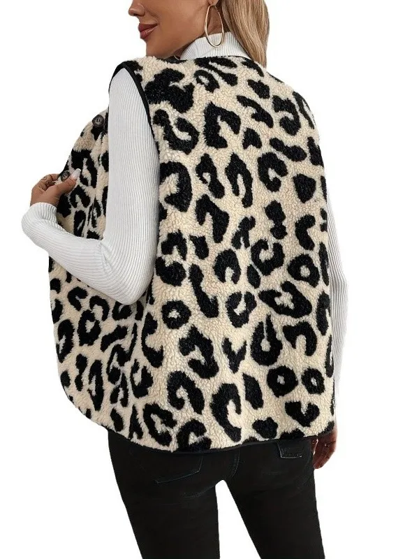 대비되는 버튼 레오파드 프린트 조끼 여성용 칼라 자켓 여름 패션 캐주얼 아우터웨어 컬러 블록 디자인 탑