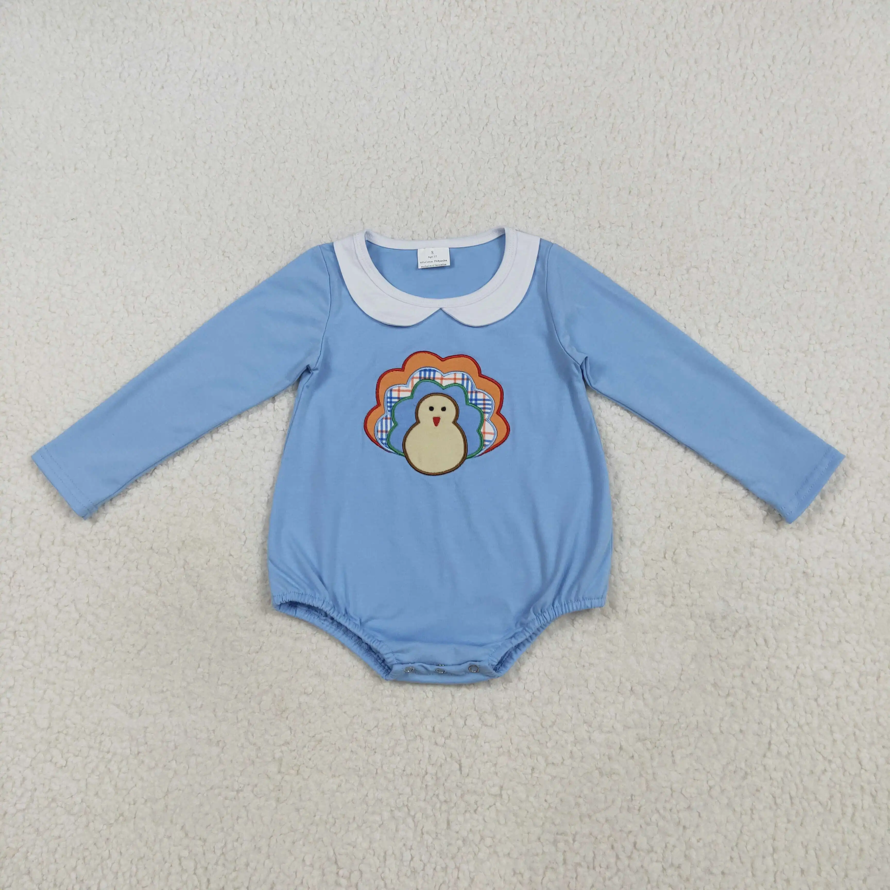 

Winter Baby boy Blue Turkey Embroidery Bubble Summer Boutique Kids' Clothes Wholesale Fall Thanksgiving Romper