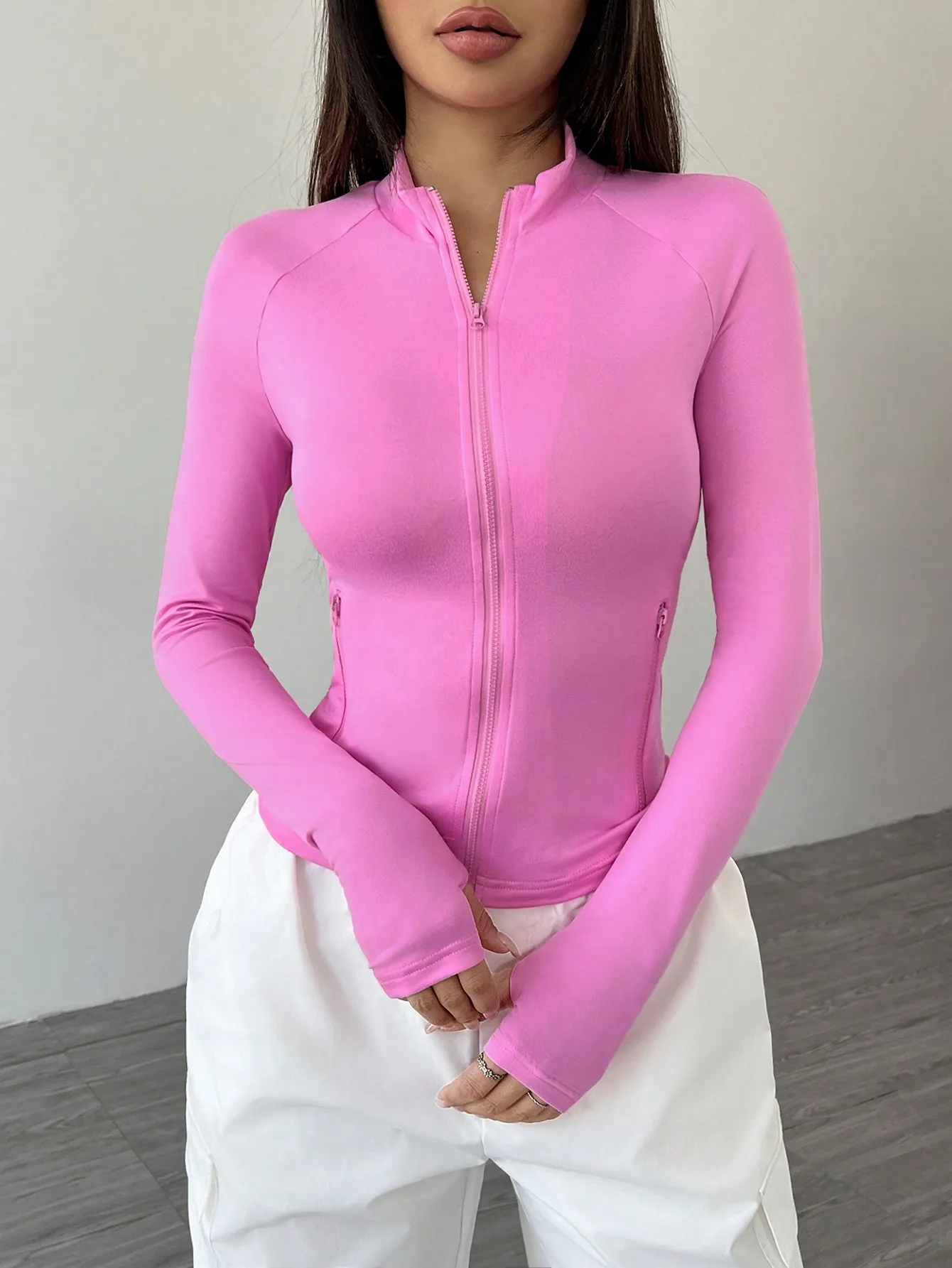 

Women's Pink Full Zip Long Sleeve Bomber Jacket, Casual Sporty Fit for Fall Winter