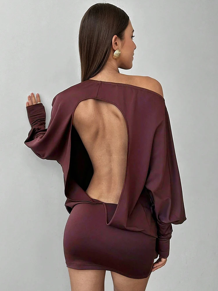 奇妙な猫スラッシュネックドレス女性背中の開いたクラシックランタンスリーブスキニーソリッドエレガントシンプルパーティークラブウェアストレッチボディコン