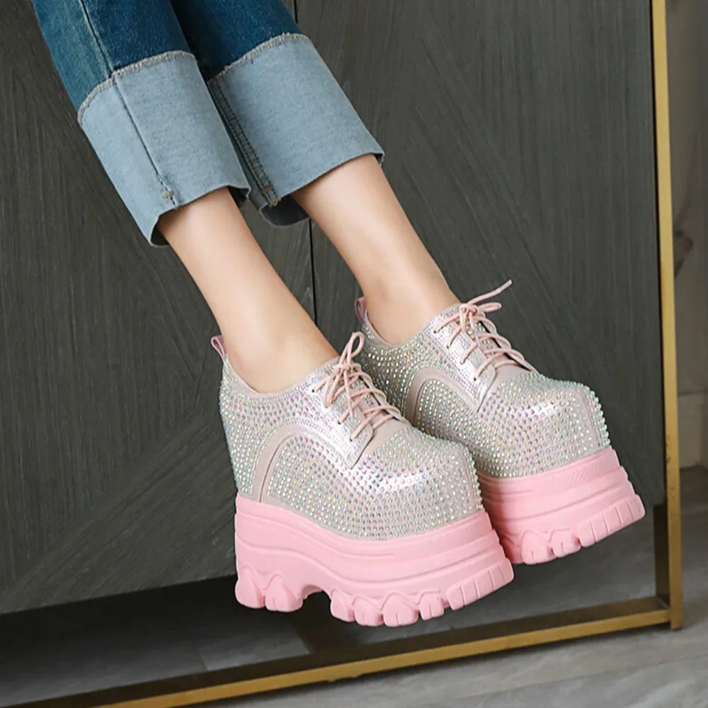 16cm Genuine Leather Platform Wedge Chunky Sneaker Hidden Heels Casual Rhinestone Spring Autumn High Brand Vulcanize Shoes