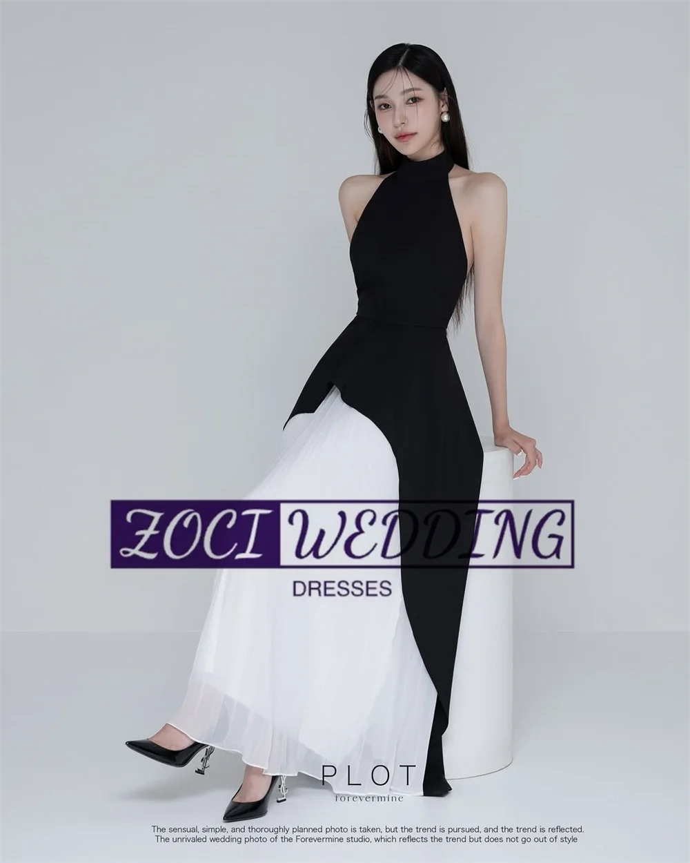 Zoci Modern Contrast Color Korea Evening Dresses Ruffles Black White Photos Shoot Dress Customized Backless Bride Party Gown