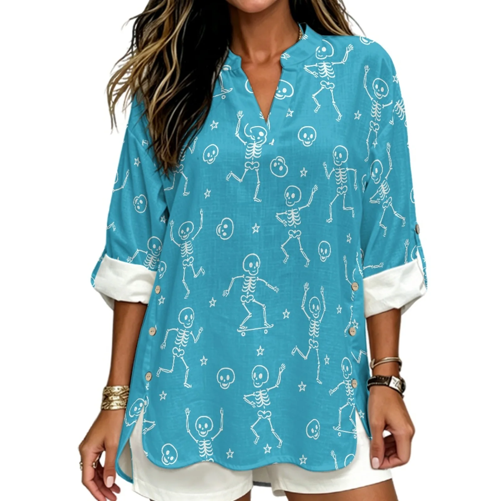 PENSTROLL Skeleton Dance Linen Like Long Sleeve Shirts for Office Loose V Neck Blouses Tunic Tops