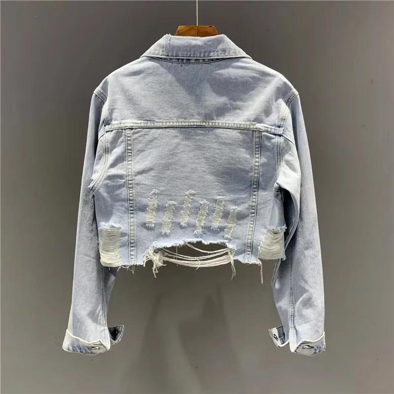 Vintage Light Blue Loose Short Holes Denim Jacket Coat Women Big Pocket Cowboy Outerwear Korean Hem Frayed Jeans Jacket Female