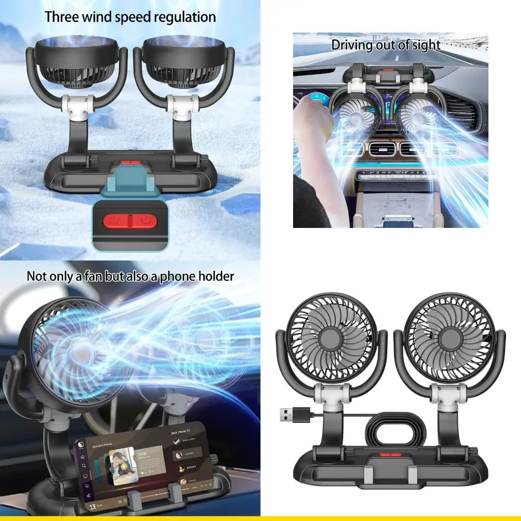 SZCH 2 in 1 Car Cooling Fan and Stand with Double Airflows 5W USB Powered