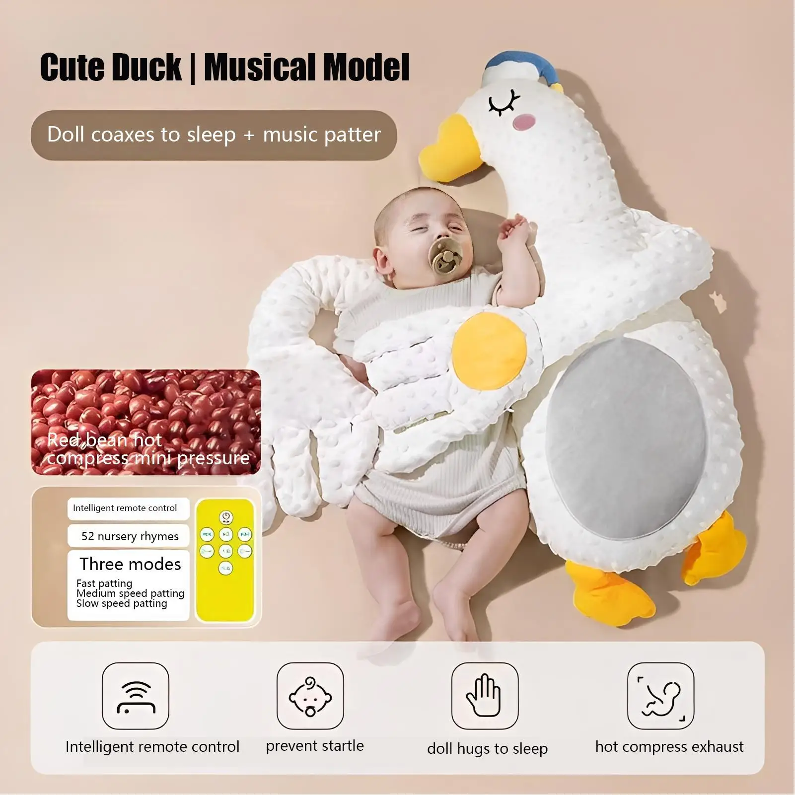 Baby Kloppend Kussen 3-modi Babyslaap Fopspenen Muzikaal Gezellig Dierenkussen Interactief Baby Kalmerend Palm Kloppend Slaapspeeltje