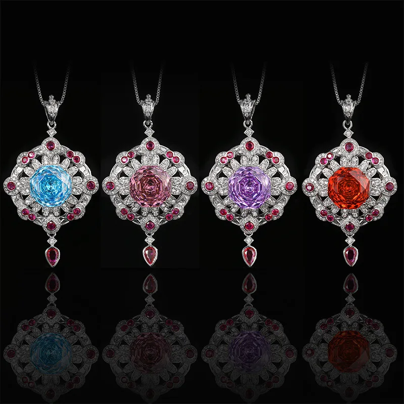 

Vintage Style Multi Color Cubic Zirconia Pendant Necklace Geometric Floral Design Blue Purple Jewelry for Women for Party Gift
