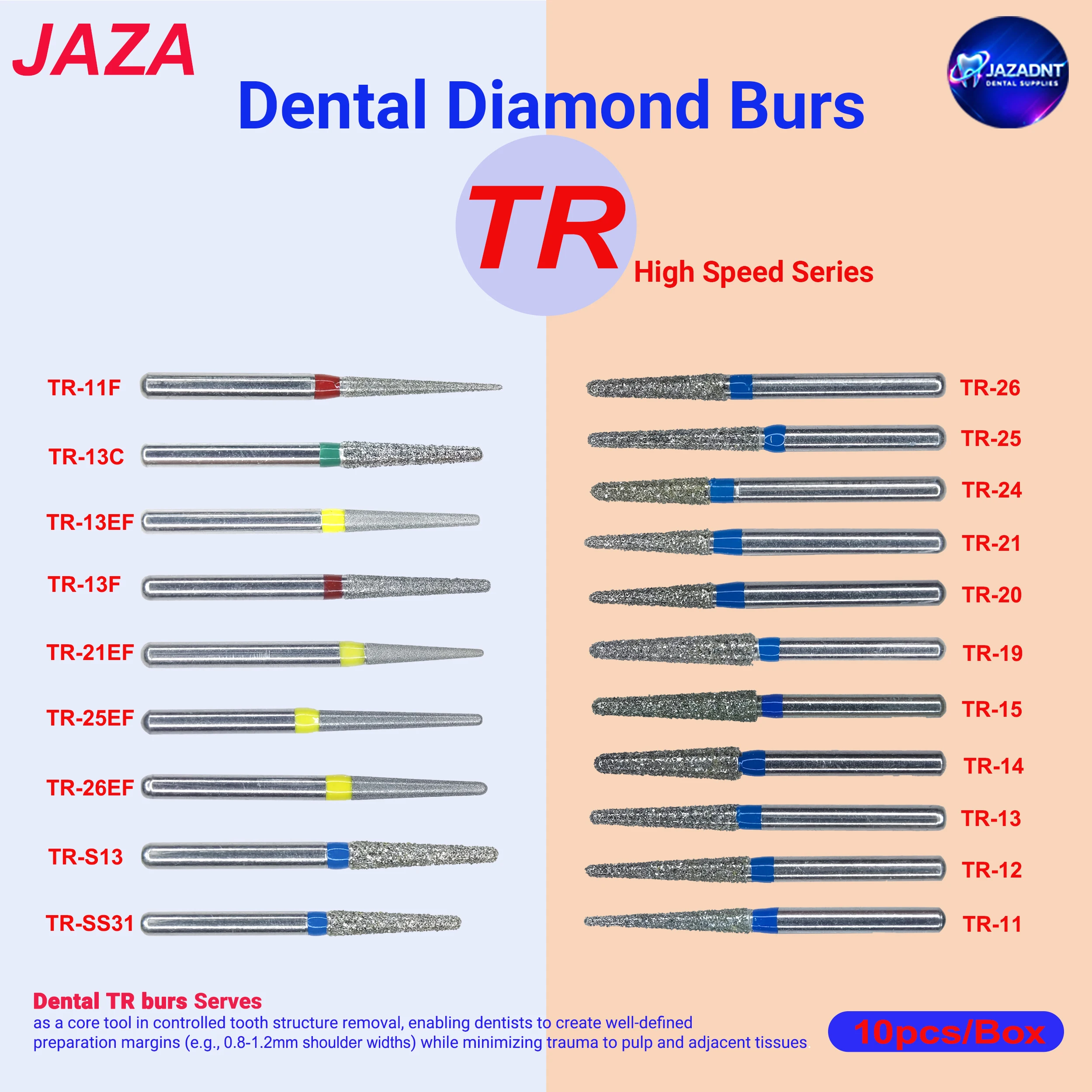 JAZA TR Series Dental Diamond Burs High Precision FG Shank for High Speed Handpiece Dental Cavity Preparation Polishing Dentist
