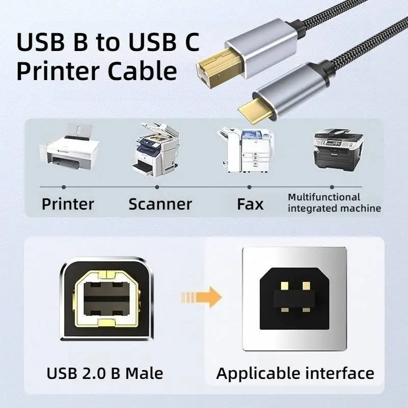 

USB B to USB C Printer Cable Type C Printer Cord Nylon Braided Wire for Macbook Epson HP Canon Yamaha Casio Piano DJ Controller
