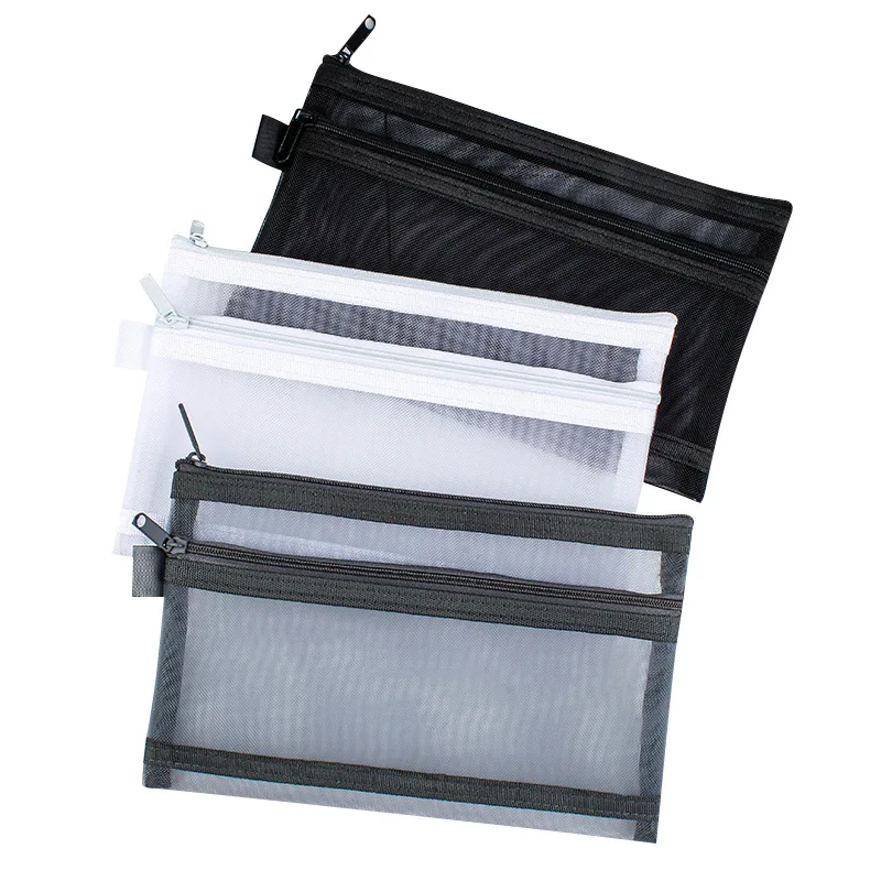 Hollow Clear Mesh Makeup Bag Cosmetic Lipstick Bag Double Layer Transparent Pencile Bag Simple Data Cable Storage