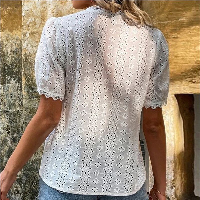 Fashion Woman Blouses 2023 Summer Hollow Out Lace Shirt V-neck Puff Sleeve Leisure Elegant Pullover Blouse New Office Lady Tops