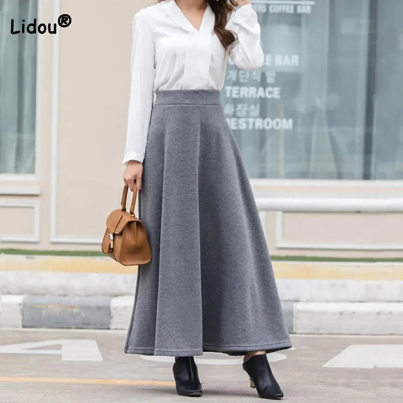 Autumn Winter Lady Slim Commute Solid Color Thickening Skirt 2023 Women's Clothing Elegant Simplicity Elastic High Waist Skirts