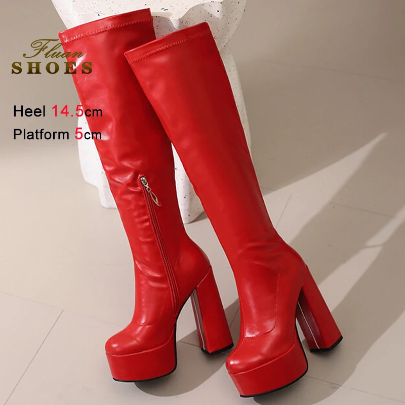 

2026 Autumn Winter Red Women's Knight Boots Thick High Heels 14.5cm Platform 5cm Round Toe Side Zipper Ladies Knee High Boots CD