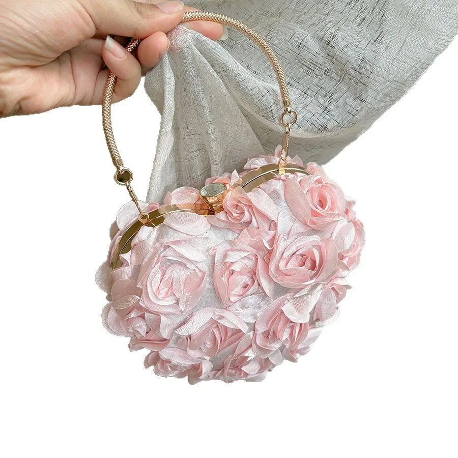Soft Pink Satin Rose Flower Dinner Bag Small Fragrant Romantic Fairy Elegant Heart Metal Ring Handbag
