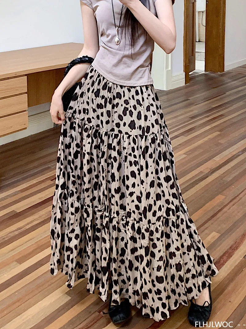 FLHJLWOC faldas Retro americanas de diseño nuevo 2025 mujer linda dulce Japón niñas Vintage falda larga de leopardo de moda