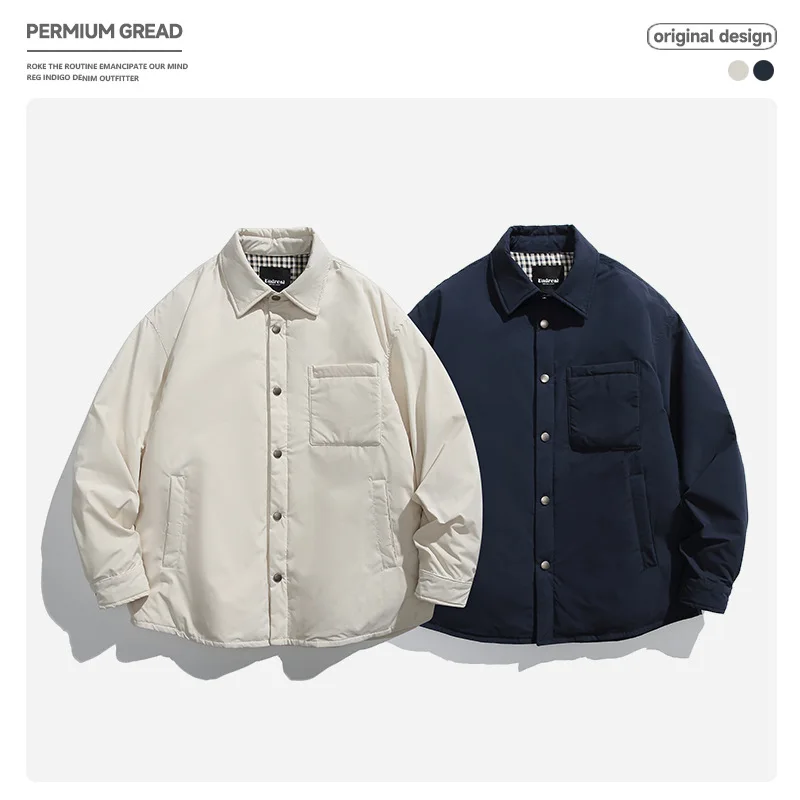 

Unisex Solid - Color Minimalist Japanese - Style Workwear Lightweight Down Shirt Jacket with Collar