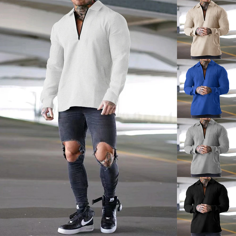 Mature Men T-Shirt Breathable Loose Half-Zip Heavy Waffle Thin Polo Shirt Polo Mens Casual Solid Lapel Zipper Long-Sleeved Tops