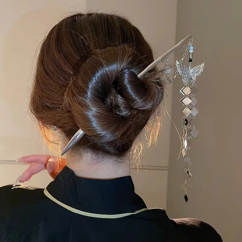 2 قطعة دبوس الشعر المرأة العتيقة الفضة فراشة شرابة الشعر عصا خمر النمط الصيني المعادن مجوهرات إكسسوارات الشعر دبابيس الشعر #5