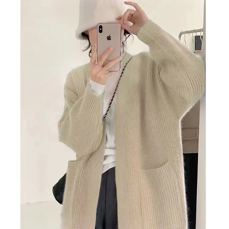 

Loose Thickened Medium Length Apricot Knitted Sweater Cardigan Women Soft Raccoon Fur Top Casual Korean Style Comfortable