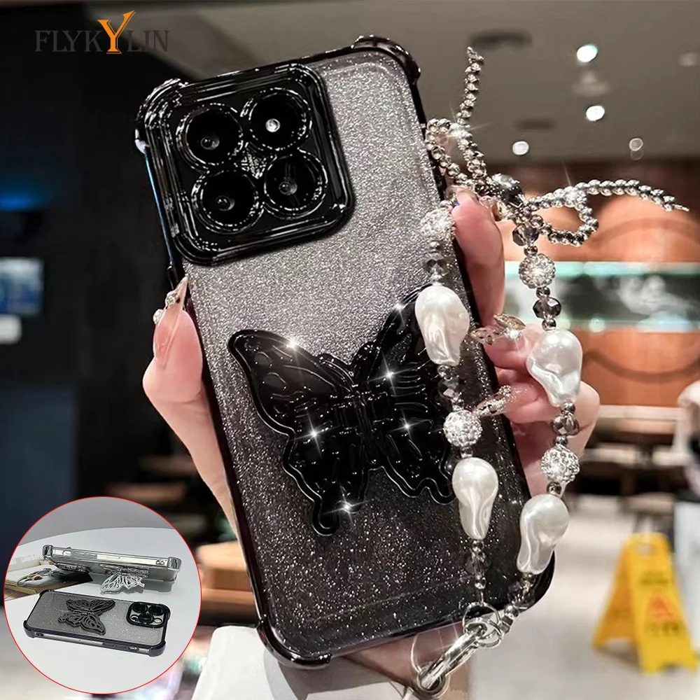 Vlinder Galvaniseren Beugel Telefoon Case Voor Xiaomi Redmi 15C 14C 13 13C Parelketting Zachte Siliconen