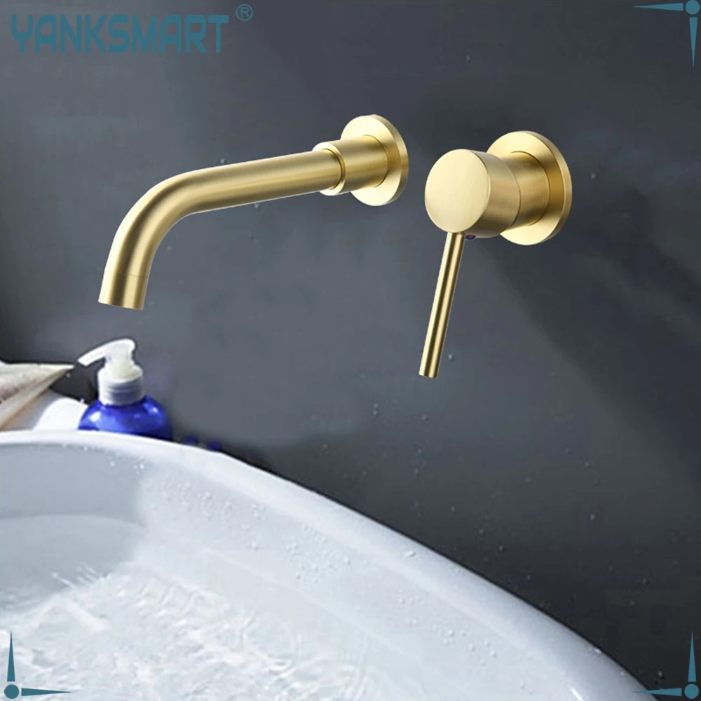 

YANKSMART Bathroom Basin Faucet Wall Mounted Brushed Nickel Gold Faucets Single Handle Wash Basin Hot & Cold Mixer Water Tap