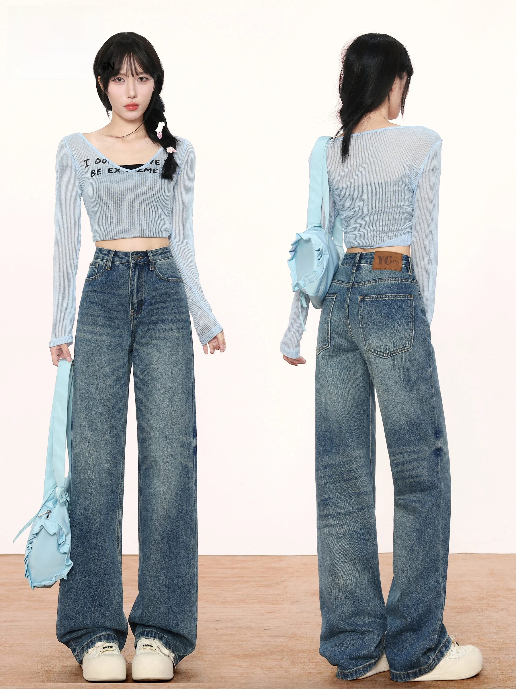 

American Style Vintage Low Waist Wide Leg Jeans Women's Autumn Winter Loose Slimming Design Worn Straight Leg Pants