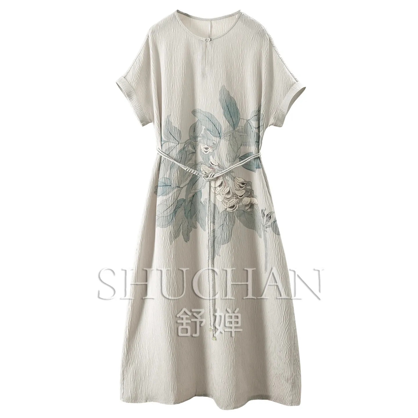 Broad Bean Flower Dresses Women Summer with Cutting Sleeves, Positioning Printing Natural Silk Crown Crepe Dress 53M8